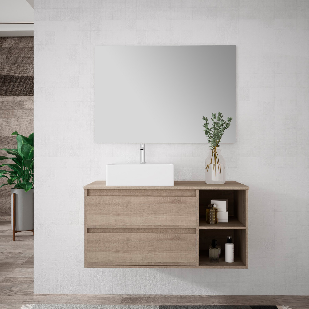 Example of a mid-sized trendy 3/4 brown floor and single-sink bathroom design in Miami with flat-panel cabinets, medium tone wood cabinets, gray walls, a vessel sink, wood countertops, brown countertops and a floating vanity