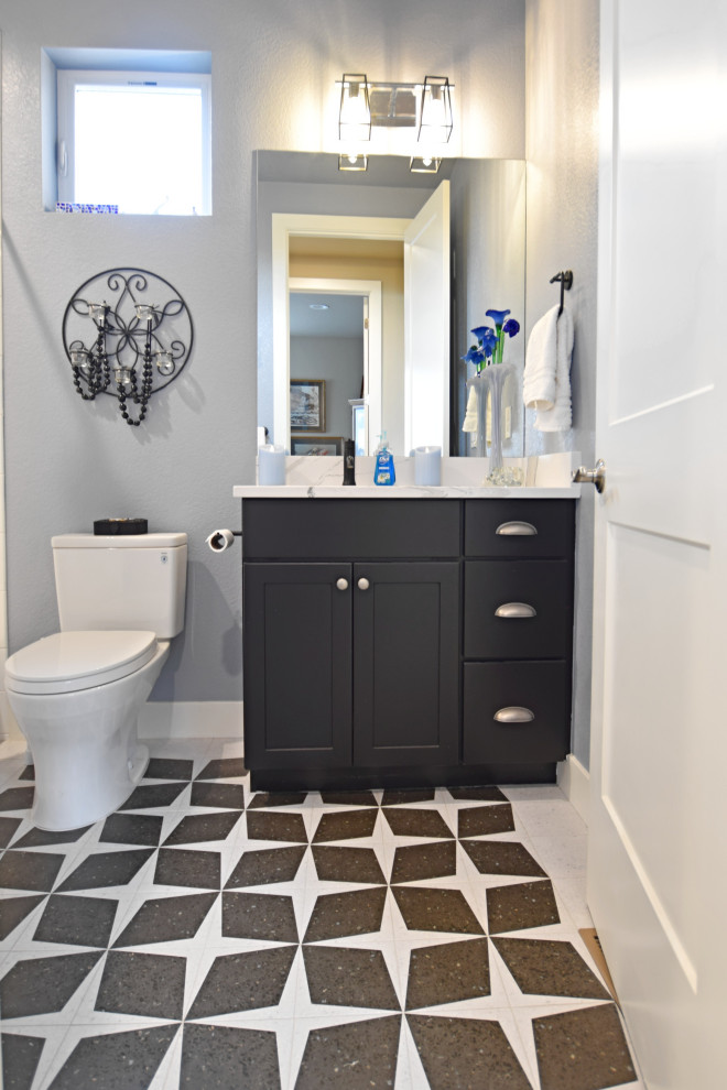 Photo of a small traditional shower room bathroom in Denver with shaker cabinets, black cabinets, a submerged sink, engineered stone worktops, white worktops, a single sink and a built in vanity unit.