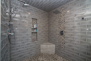 Shower Bath Niche with subway tile and glass shelves. Shower bath feature a niche  with subway tile and gl…