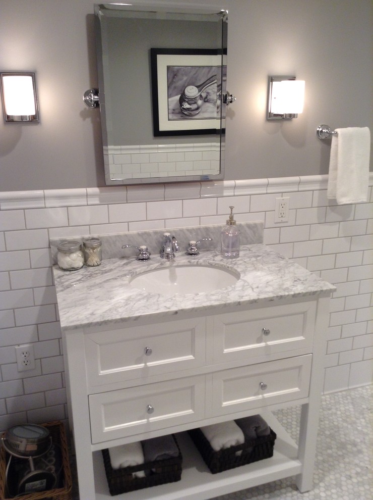Carrara Marble & White Subway Tile Bathroom Traditional Bathroom
