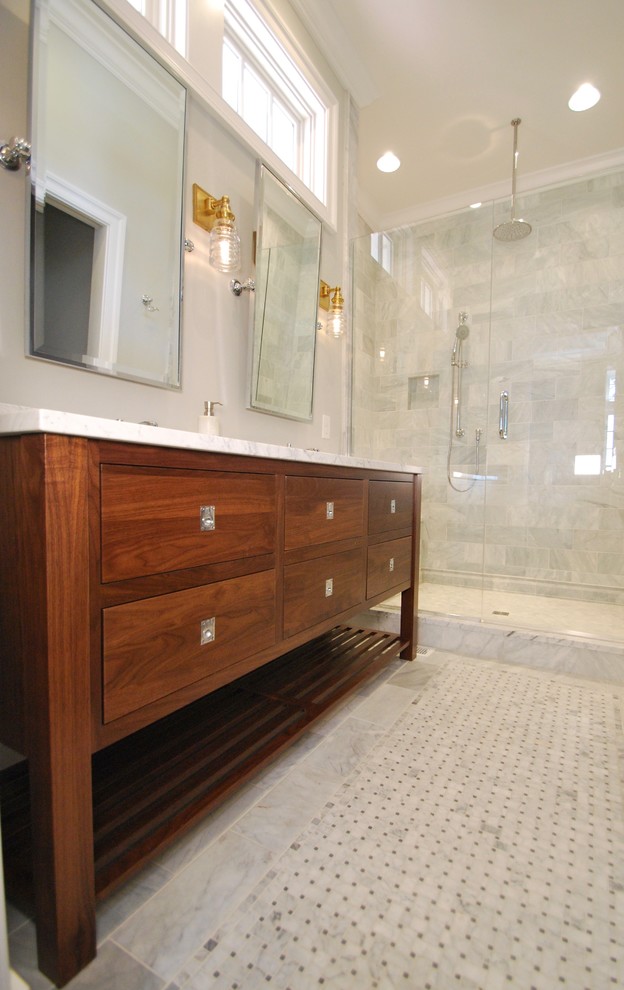 Inspiration for a medium sized classic ensuite bathroom in DC Metro with flat-panel cabinets, brown cabinets, an alcove shower, stone tiles, grey walls, marble flooring, a submerged sink, marble worktops, grey floors, a hinged door and grey worktops.