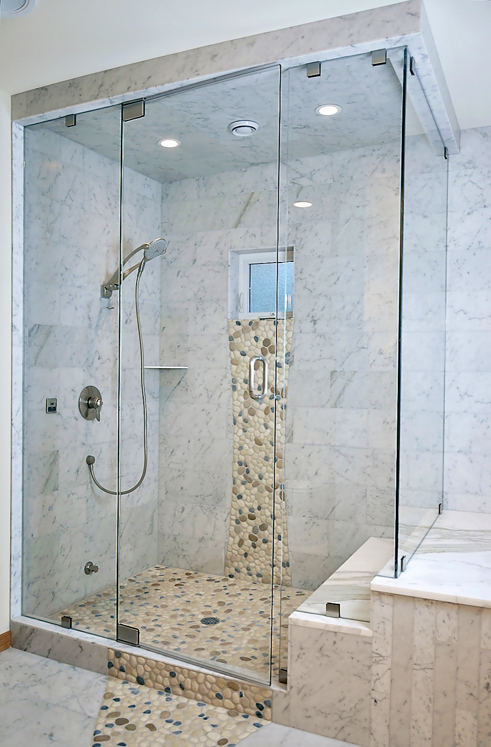 Carrara Marble Shower With River Rock Pebbles Traditional Bathroom Seattle By All Tile Houzz