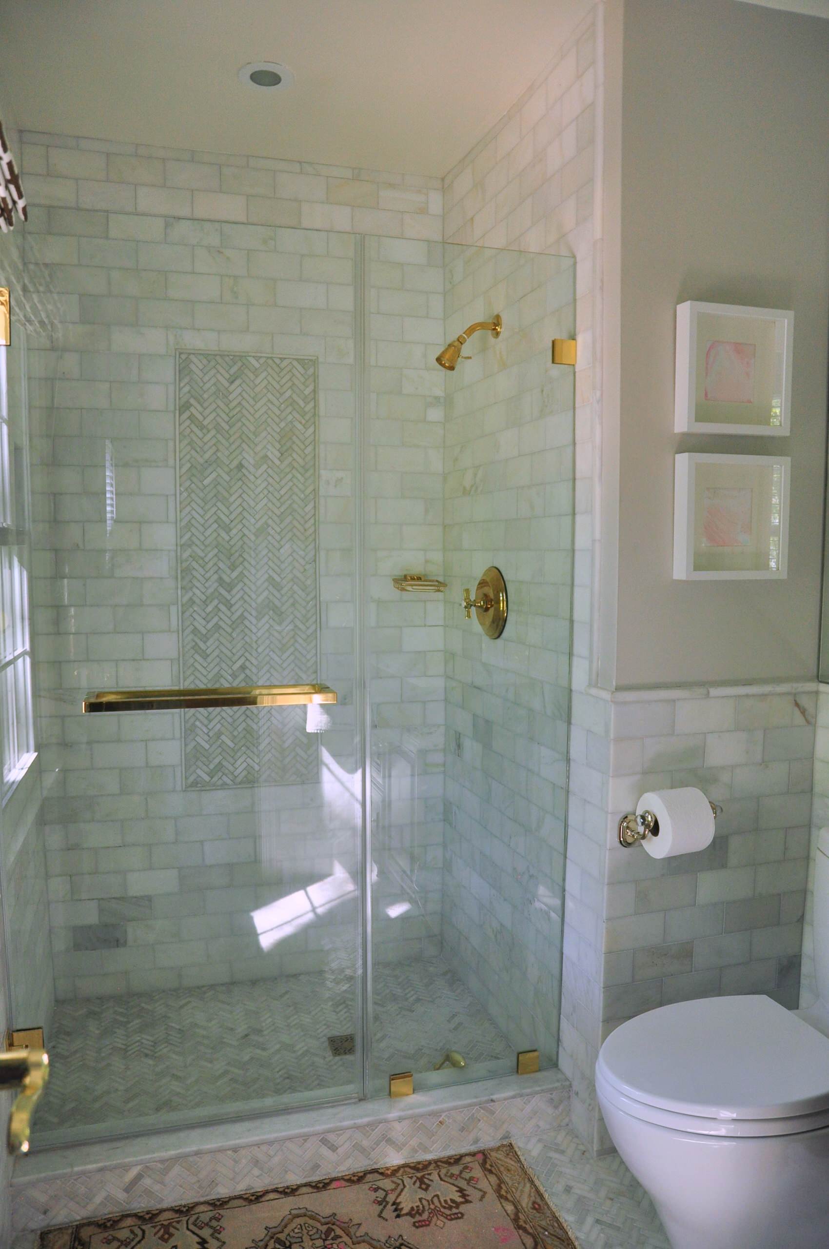 Carrera marble subway and herringbone tile in shower - Transitional -  Bathroom - Austin - by Alison Giese Interiors | Houzz