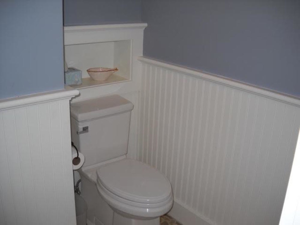 Design ideas for a traditional bathroom in Boston with purple walls and a vessel sink.