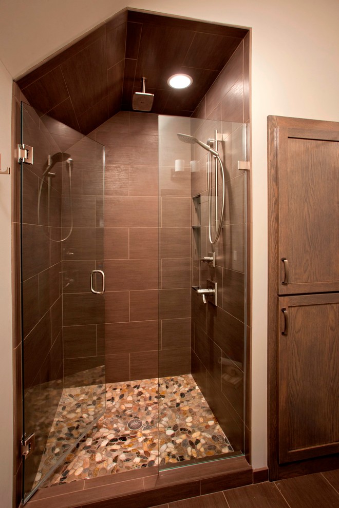 Inspiration for a small industrial 3/4 gray tile and ceramic tile ceramic tile alcove shower remodel in Minneapolis with an undermount sink, shaker cabinets, gray cabinets, granite countertops, a two-piece toilet and beige walls
