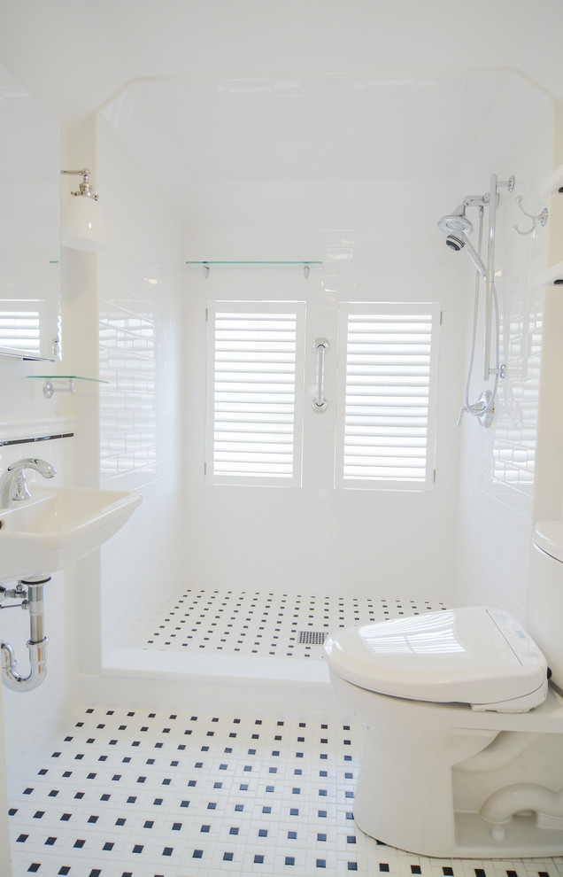 Example of a mid-sized transitional 3/4 white tile and subway tile porcelain tile tub/shower combo design in Boston with shaker cabinets, white cabinets, a bidet, white walls and an integrated sink