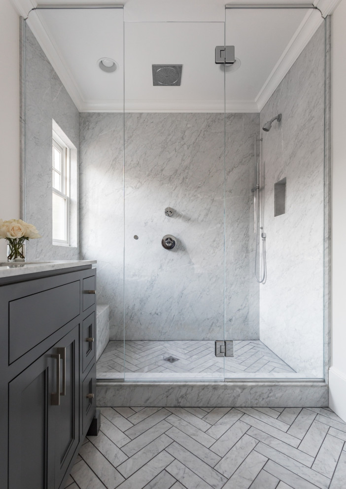 Inspiration for a transitional gray tile and stone slab single-sink bathroom remodel in Sacramento with recessed-panel cabinets, gray cabinets, an undermount sink, white countertops and a built-in vanity