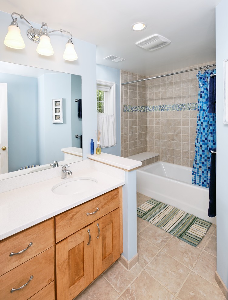 Design ideas for a contemporary bathroom in DC Metro with mosaic tiles.