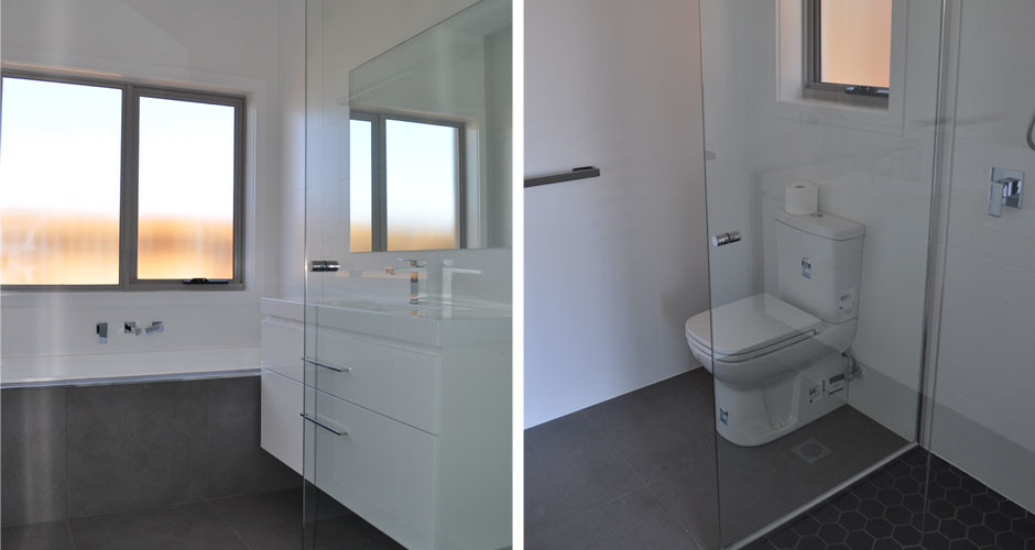 Photo of a medium sized contemporary ensuite bathroom in Canberra - Queanbeyan with an integrated sink, white cabinets, solid surface worktops, a built-in bath, a corner shower, a two-piece toilet, white tiles, ceramic tiles, white walls and ceramic flooring.