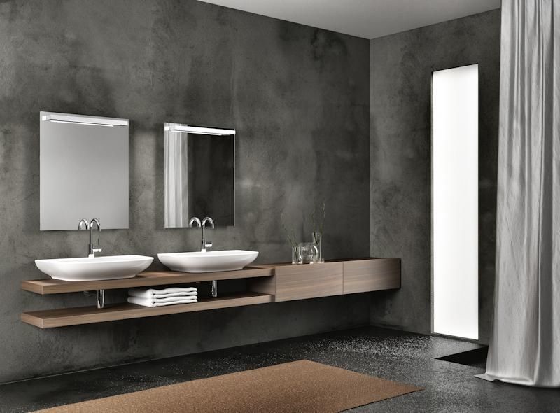Exemple d'une grande salle de bain tendance en bois brun pour enfant avec un placard à porte plane, un carrelage noir, des carreaux de céramique, un mur gris, un sol en marbre et un plan de toilette en bois.