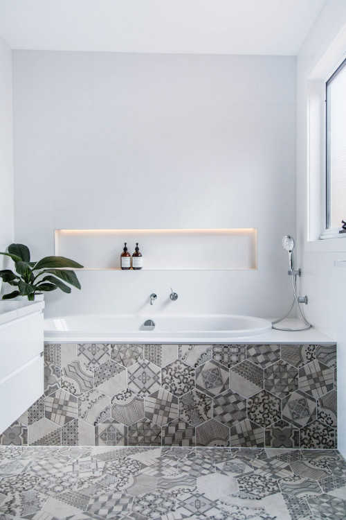 White Bathroom with Gray Patterned Hexagon Floor Tiles