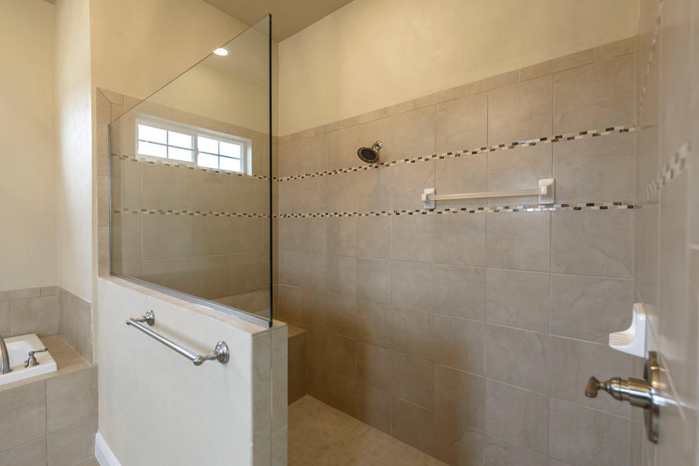 Mid-sized elegant master beige tile and ceramic tile travertine floor bathroom photo in Miami with an undermount sink, recessed-panel cabinets, white cabinets, granite countertops, a one-piece toilet and beige walls