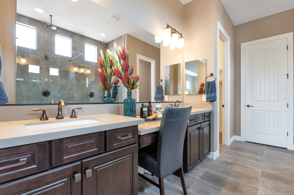 Large transitional master bathroom photo in Phoenix with raised-panel cabinets, dark wood cabinets and beige walls