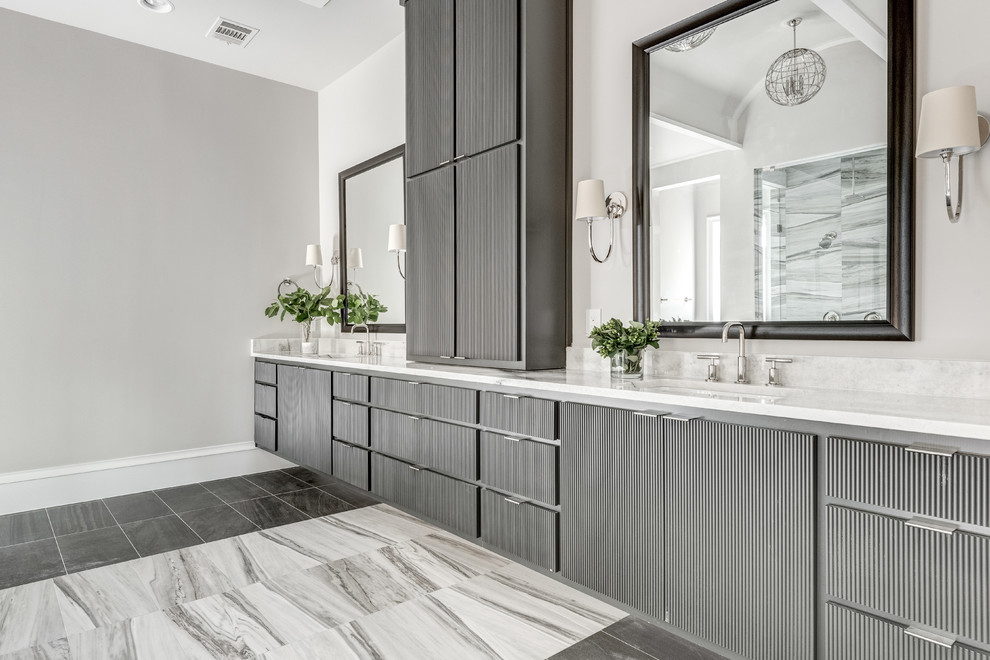 Inspiration for a large mediterranean master porcelain tile and multicolored floor bathroom remodel in Dallas with an undermount sink, marble countertops, white countertops, gray cabinets and gray walls