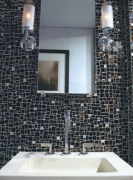 Inspiration for a large modern master brown tile and mosaic tile mosaic tile floor double shower remodel in New York with furniture-like cabinets, a two-piece toilet, a pedestal sink, limestone countertops, brown cabinets and white walls