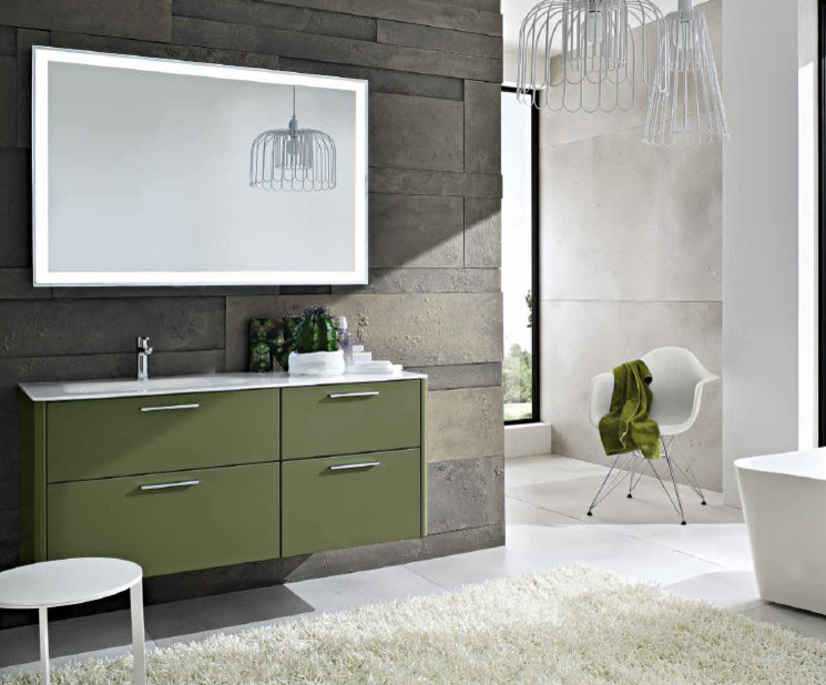 Immagine di una grande stanza da bagno padronale moderna con ante con bugna sagomata, ante verdi, top in granito e piastrelle beige