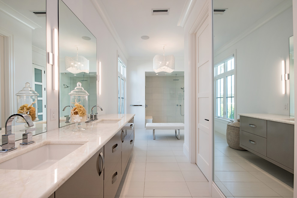 Exempel på ett modernt beige beige en-suite badrum, med släta luckor, bruna skåp, en dusch i en alkov, vita väggar, ett undermonterad handfat och vitt golv