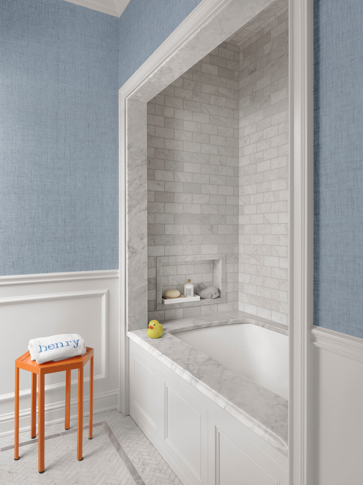 Inspiration for a mid-sized timeless kids' gray tile and marble tile mosaic tile floor and white floor bathroom remodel in St Louis with an undermount tub and blue walls