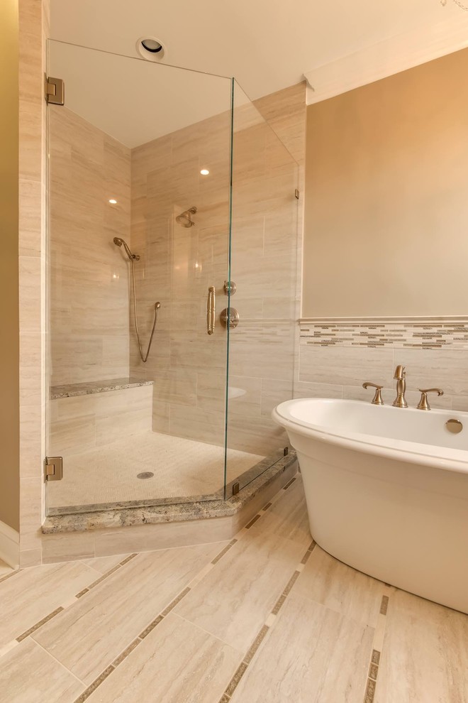Bathroom - mid-sized transitional master beige tile and mosaic tile travertine floor bathroom idea in Other with raised-panel cabinets, white cabinets, beige walls, an undermount sink and granite countertops