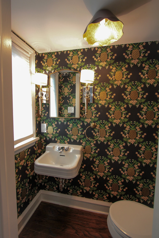 Champagne Bronze Fixtures and Bold Pineapple Wallpaper Power Room