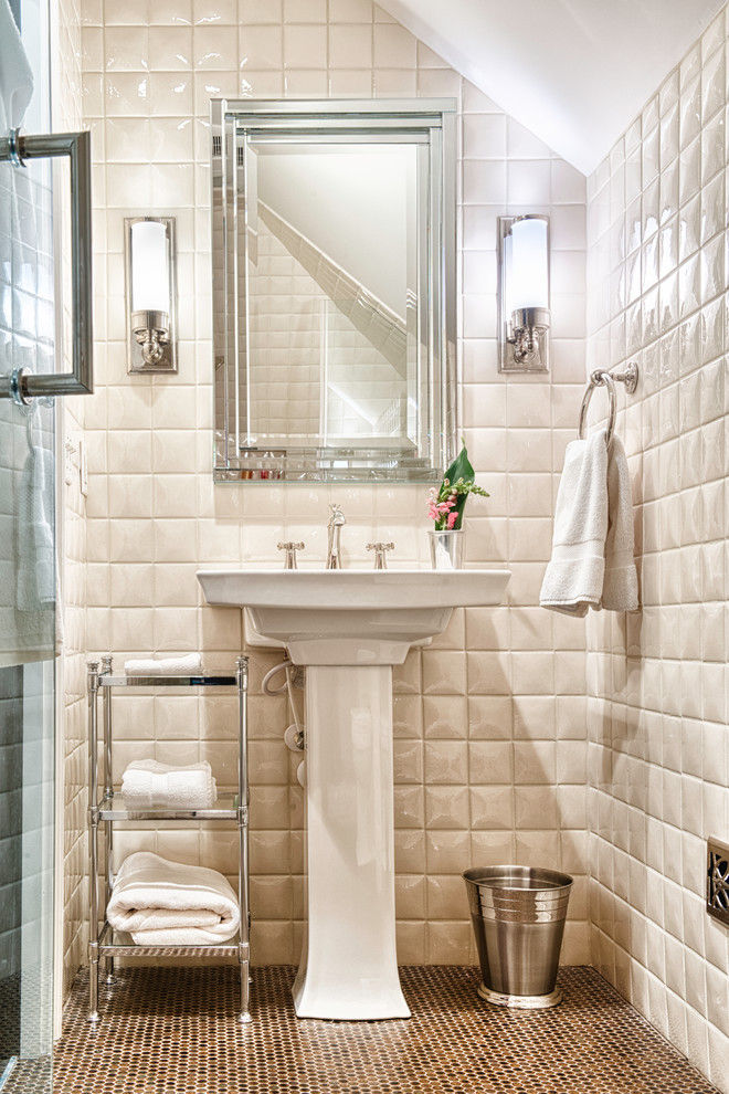 Example of a classic white tile mosaic tile floor alcove shower design in Other with a pedestal sink
