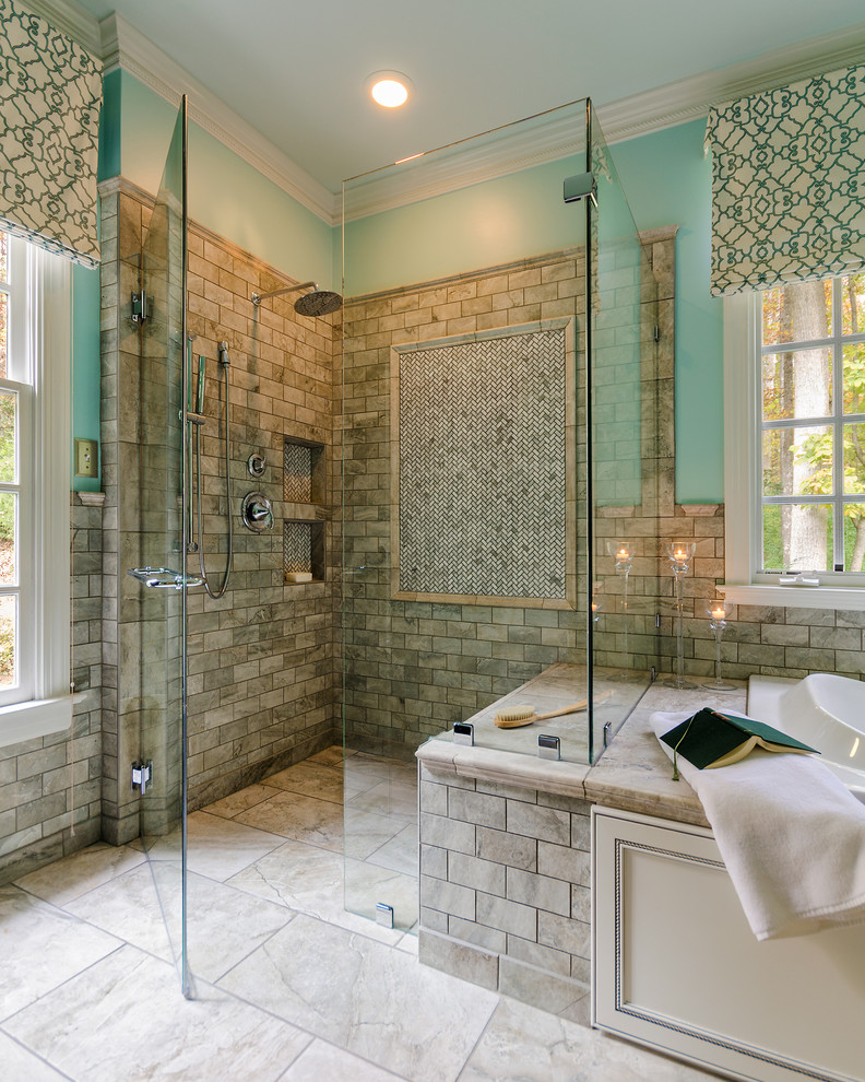 Example of a large transitional master gray tile and mosaic tile porcelain tile bathroom design in Richmond with an undermount sink, flat-panel cabinets, white cabinets, granite countertops, a two-piece toilet and green walls
