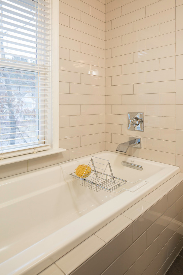 Example of a mid-sized cottage master white tile and subway tile porcelain tile and gray floor bathroom design in Atlanta with shaker cabinets, gray cabinets, a drop-in sink, quartz countertops and a hinged shower door