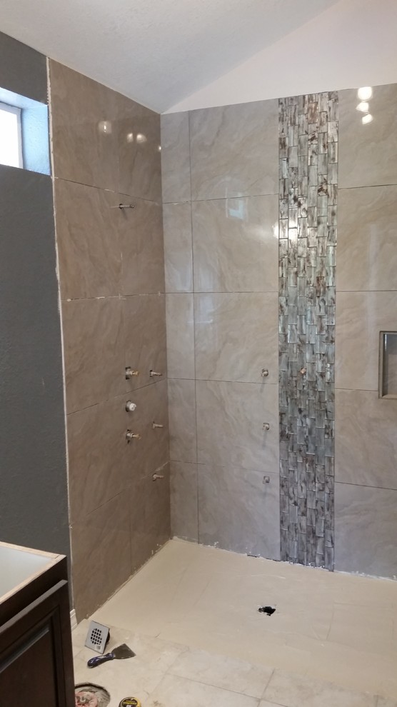 This is an example of a medium sized contemporary shower room bathroom in Los Angeles with a pedestal sink, raised-panel cabinets, dark wood cabinets, granite worktops, a walk-in shower, a two-piece toilet, grey tiles, ceramic tiles, grey walls and ceramic flooring.