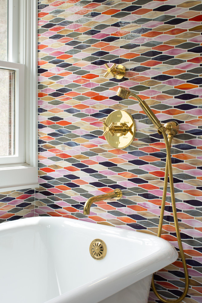 Inspiration for a mid-sized mid-century modern kids' multicolored tile and mosaic tile marble floor tub/shower combo remodel in New York with a wall-mount sink, a one-piece toilet and white walls