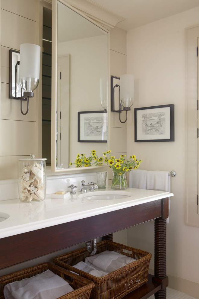 Bathroom - mid-sized coastal master mosaic tile floor and white floor bathroom idea in Boston with furniture-like cabinets, dark wood cabinets, beige walls, a console sink and solid surface countertops