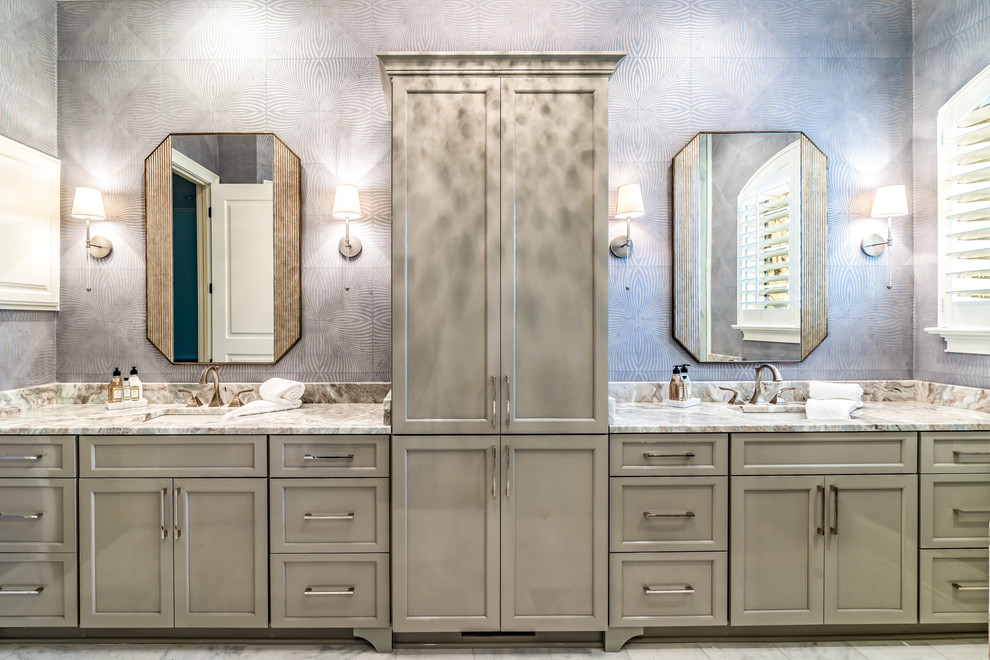 Large transitional master blue tile and ceramic tile marble floor and white floor bathroom photo in Charleston with recessed-panel cabinets, gray cabinets, blue walls, an undermount sink, marble countertops and brown countertops