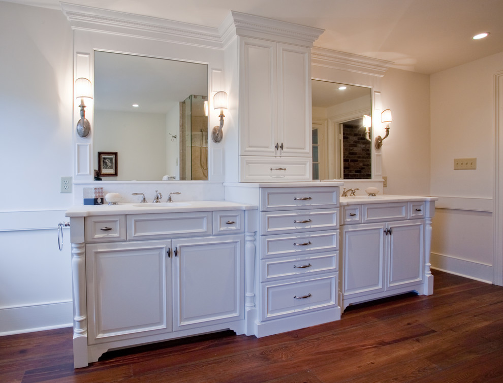 Bathroom - large master medium tone wood floor bathroom idea in Charleston with beaded inset cabinets, white cabinets and white walls