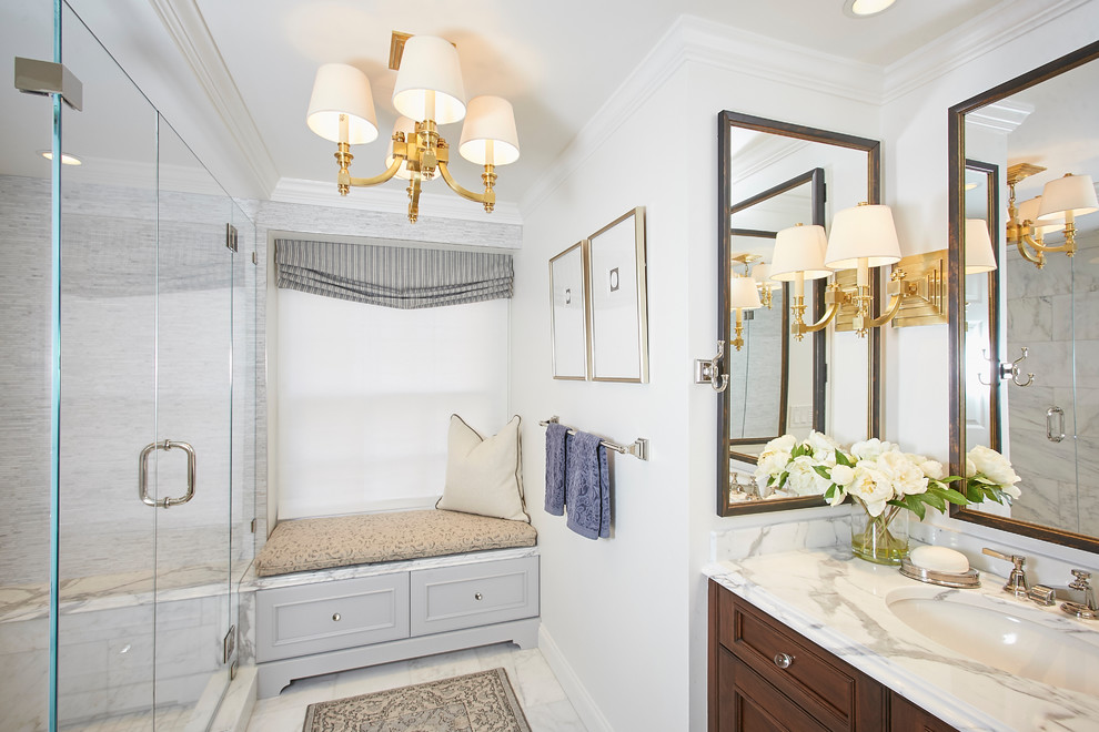 Design ideas for a medium sized classic ensuite bathroom in Boston with a submerged sink, freestanding cabinets, medium wood cabinets, marble worktops, an alcove shower, white tiles, mosaic tiles, white walls and marble flooring.