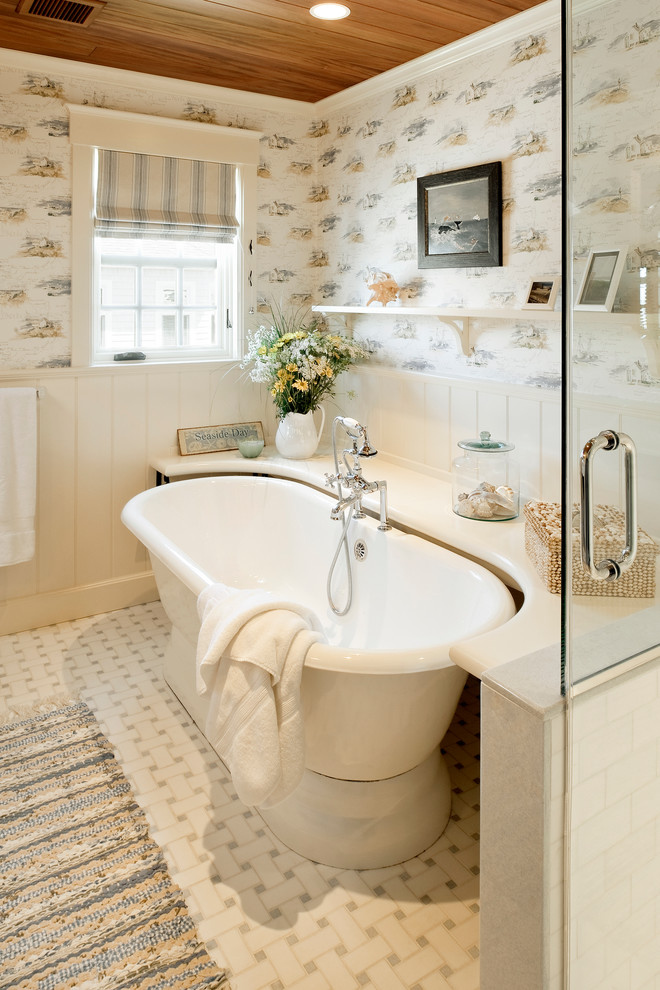 Freestanding bathtub - coastal master white tile ceramic tile freestanding bathtub idea in Providence with multicolored walls