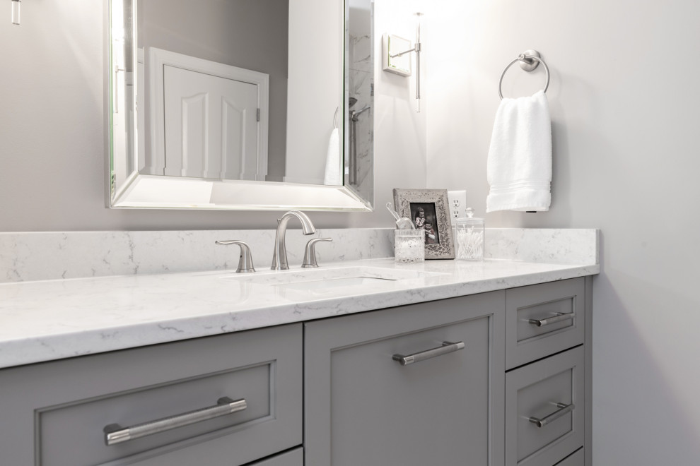 Inspiration for a mid-sized transitional master white tile and porcelain tile porcelain tile, white floor and double-sink shower bench remodel in Charlotte with shaker cabinets, gray cabinets, gray walls, an undermount sink, quartz countertops, white countertops and a built-in vanity