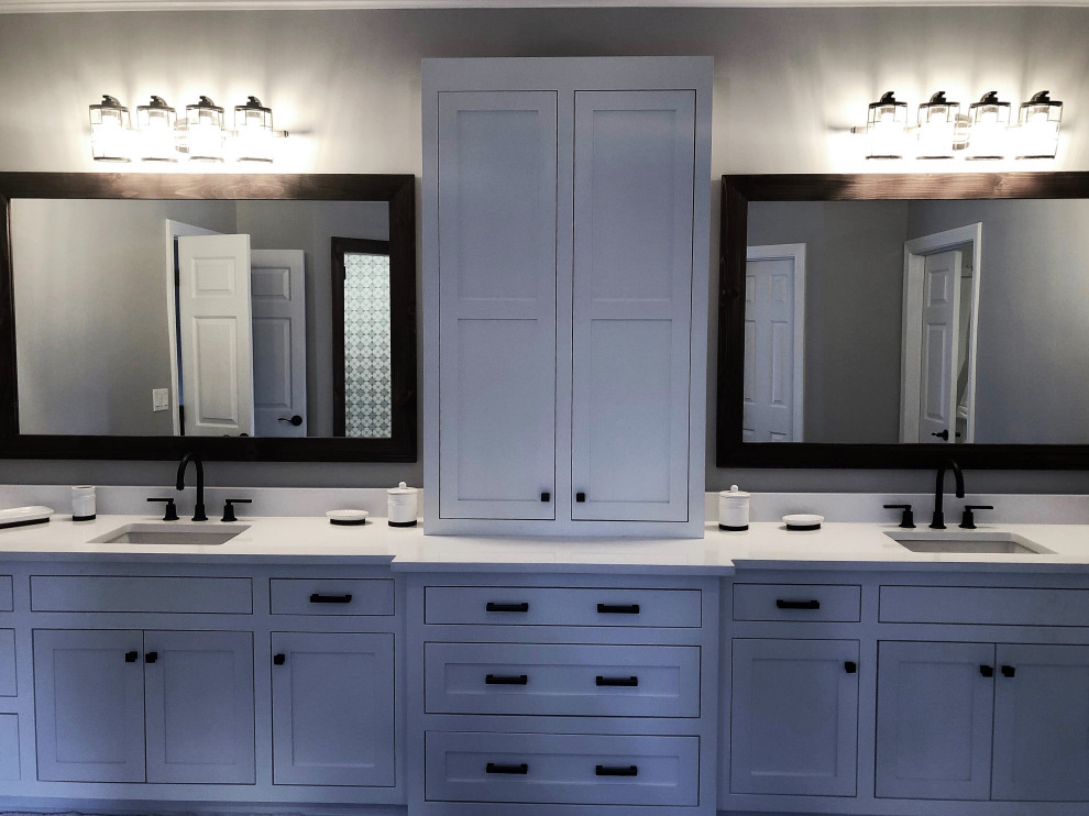 Bathroom - huge country master bathroom idea in Philadelphia with white cabinets, gray walls, quartzite countertops and white countertops