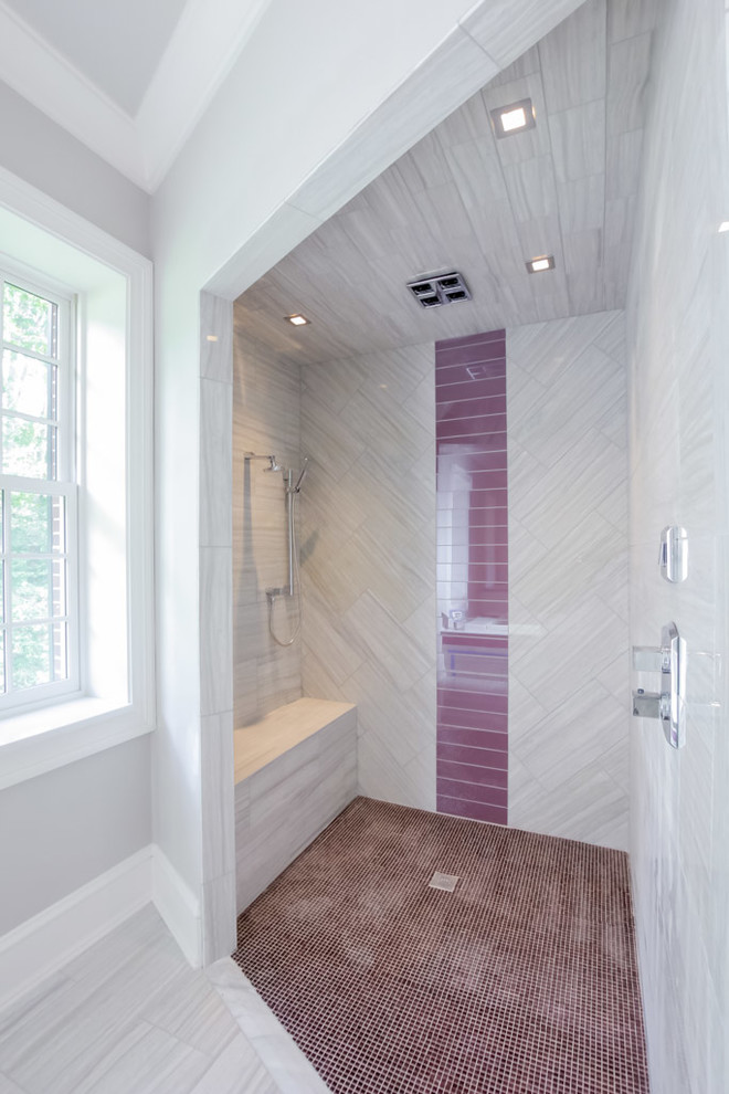 Large traditional ensuite bathroom in DC Metro with a built-in sink, flat-panel cabinets, white cabinets, granite worktops, a built-in bath, an alcove shower, a one-piece toilet, white tiles, porcelain tiles, purple walls and medium hardwood flooring.