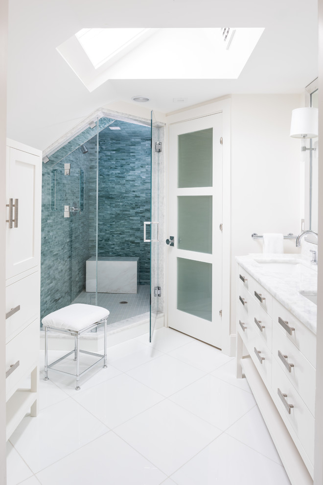 Design ideas for a large contemporary ensuite bathroom in Boston with flat-panel cabinets, white cabinets, an alcove shower, white walls, ceramic flooring, a submerged sink, marble worktops, white floors, a hinged door and white worktops.
