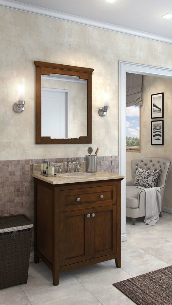 Idéer för att renovera ett mellanstort vintage badrum med dusch, med skåp i mellenmörkt trä, grå kakel, beige väggar och skåp i shakerstil