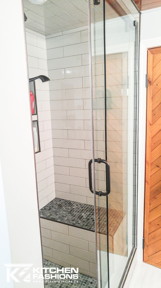 Design ideas for a medium sized traditional shower room bathroom in Other with beaded cabinets, grey cabinets, an alcove shower, a one-piece toilet, white tiles, metro tiles, grey walls, a submerged sink, engineered stone worktops, white floors and a sliding door.