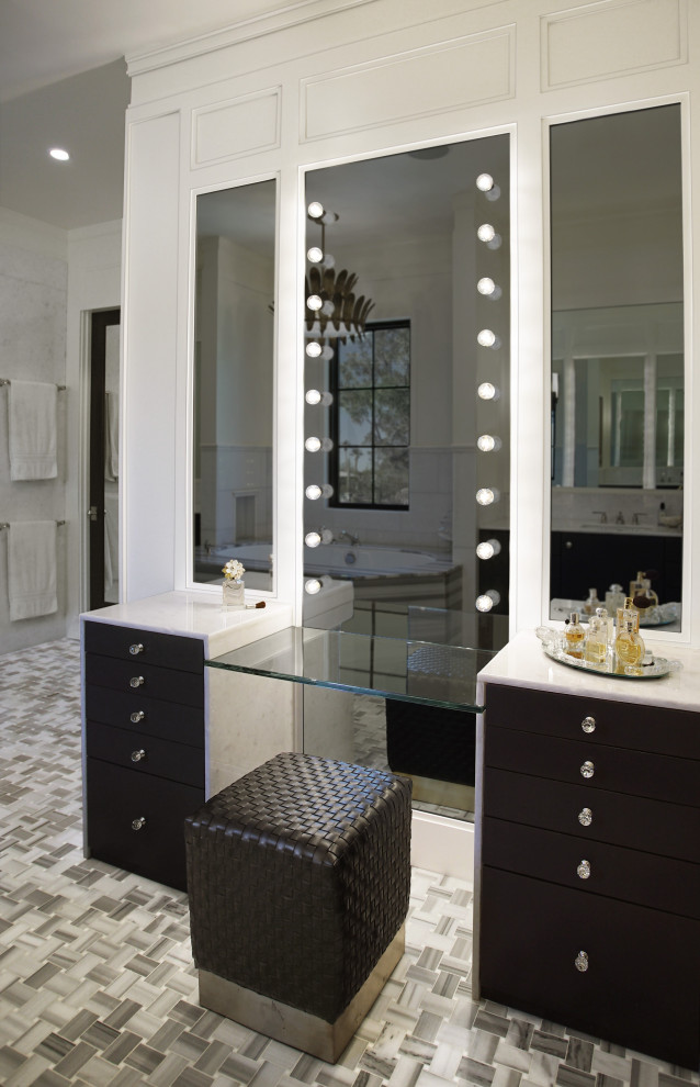 Bathroom - huge transitional master white tile and marble tile marble floor, multicolored floor, double-sink, coffered ceiling and wall paneling bathroom idea in Phoenix with recessed-panel cabinets, black cabinets, a bidet, white walls, a drop-in sink, marble countertops, white countertops, a niche and a built-in vanity