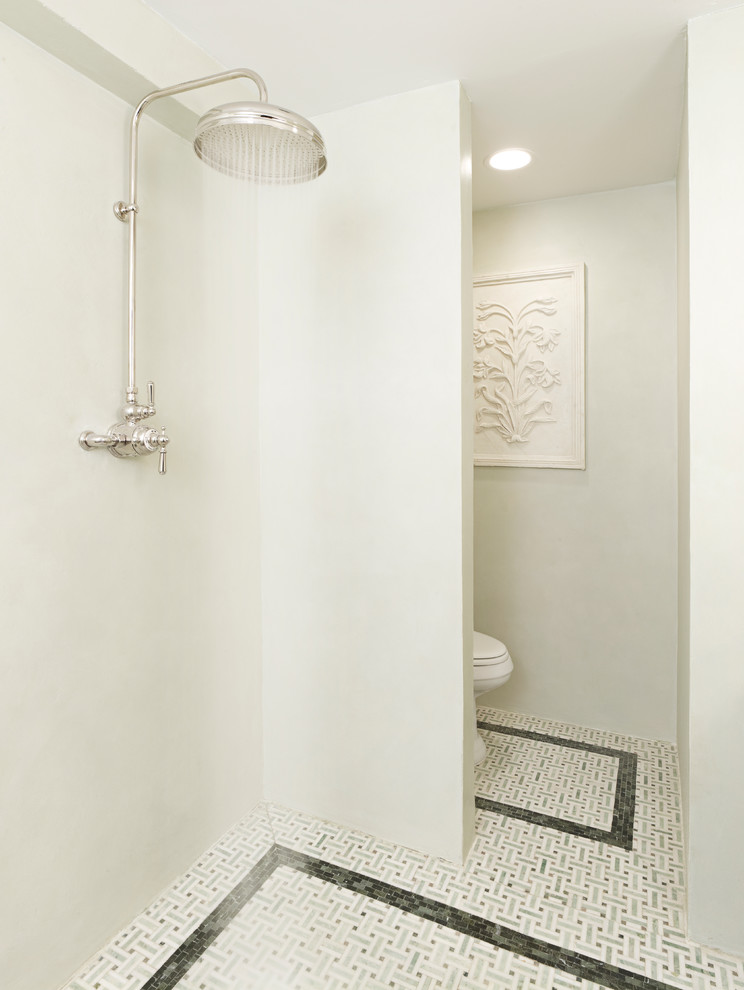 Diseño de cuarto de baño clásico con ducha abierta, paredes blancas, suelo con mosaicos de baldosas y ducha abierta