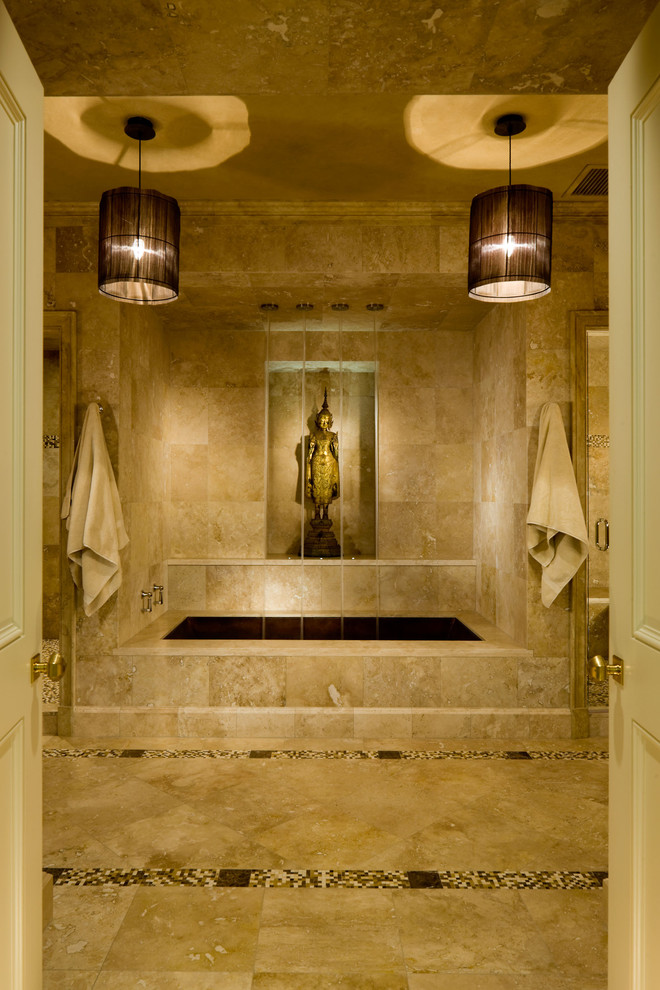 Diseño de cuarto de baño contemporáneo con baldosas y/o azulejos en mosaico