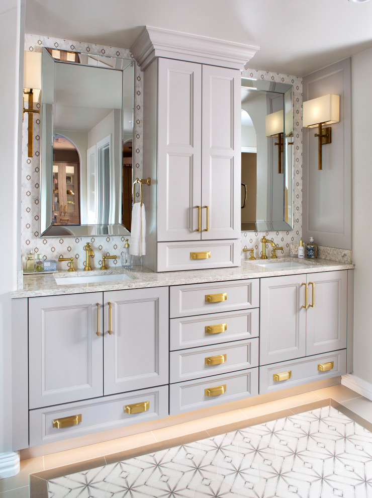Example of a transitional double-sink bathroom design in Denver with recessed-panel cabinets, gray cabinets, gray walls, an undermount sink, beige countertops and a built-in vanity