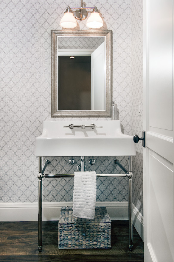 Inspiration for a mid-sized transitional dark wood floor and brown floor bathroom remodel in Denver with gray walls and a vessel sink