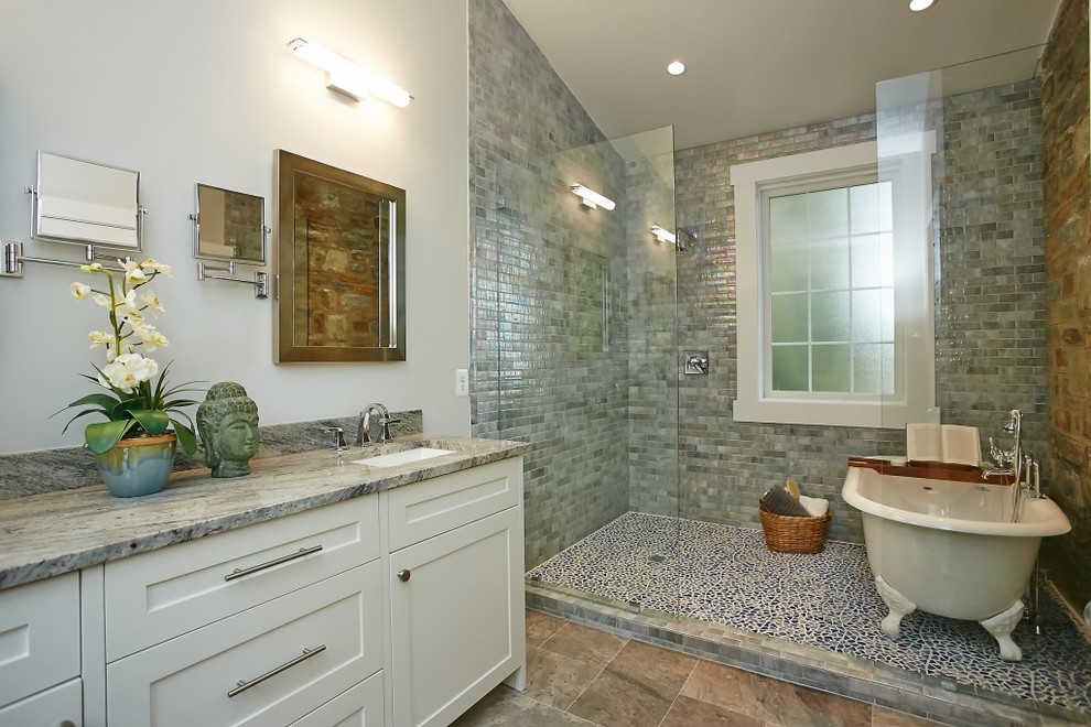 Inspiration for a large contemporary ensuite bathroom in DC Metro with a submerged sink, shaker cabinets, white cabinets, granite worktops, a claw-foot bath, a walk-in shower, a two-piece toilet, grey tiles, pebble tiles, white walls and ceramic flooring.