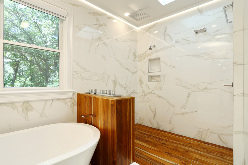 Large trendy master white tile and porcelain tile porcelain tile bathroom photo in Boston with an undermount sink, flat-panel cabinets, white cabinets, quartz countertops, a bidet and white walls