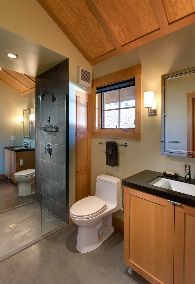 Example of a trendy cement tile bathroom design in Seattle with an undermount sink, shaker cabinets, medium tone wood cabinets and a one-piece toilet