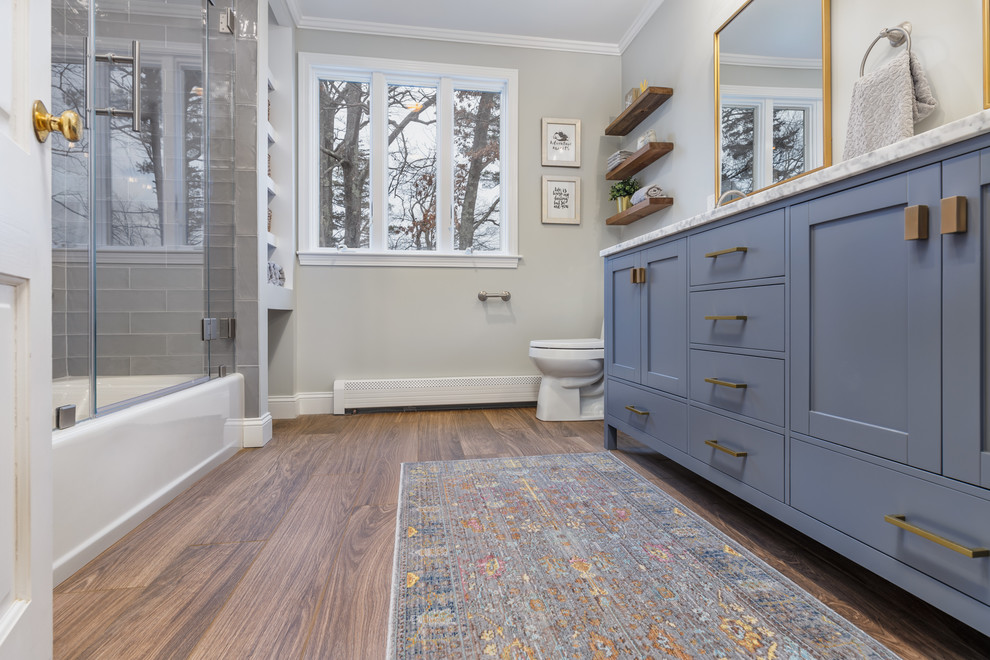 Bathroom - mid-sized transitional kids' gray tile and glass tile bathroom idea in Boston with shaker cabinets, gray cabinets, quartz countertops and multicolored countertops