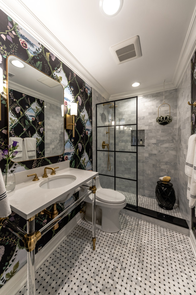 Example of a mid-sized eclectic white tile and marble tile marble floor, multicolored floor, single-sink and wallpaper alcove shower design with white cabinets, a one-piece toilet, multicolored walls, a console sink, quartz countertops and white countertops